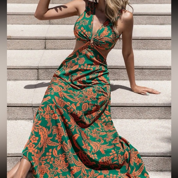 Boho Floral Print Cut Out Waist Back Tie Bow Dress - Picture 7 of 12